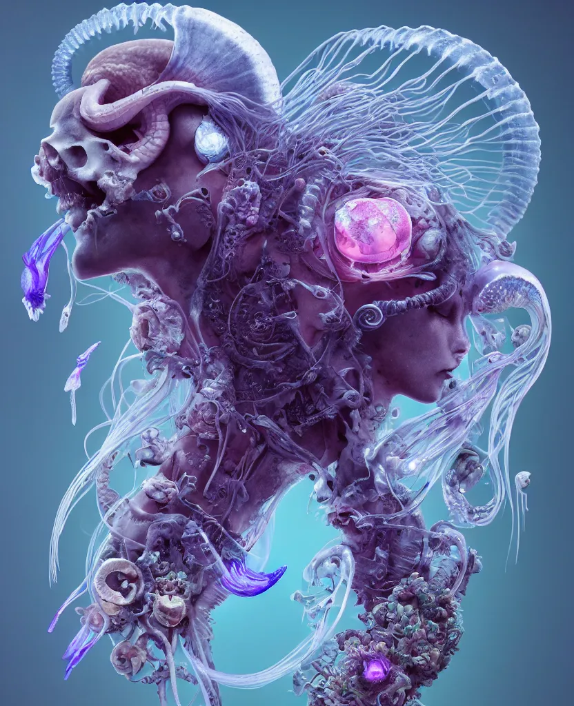 Image similar to goddess close-up portrait ram skull, thorax, x-ray, backbone, jellyfish phoenix head, nautilus, orchid, skull, betta fish, bioluminiscent creatures, intricate artwork by Tooth Wu and wlop and beeple. octane render, trending on artstation, greg rutkowski very coherent symmetrical artwork. cinematic, hyper realism, high detail, octane render, 8k