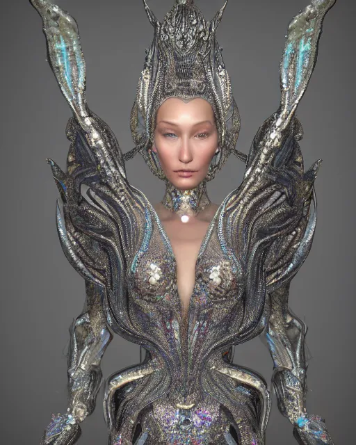 Image similar to a highly detailed metahuman 8 k close up render portrait of an alien goddess bella hadid as nymph in iris van herpen dress schiaparelli in diamonds crystals swarovski and jewelry iridescent in style of alphonse mucha gustav klimt trending on artstation made in unreal engine 4