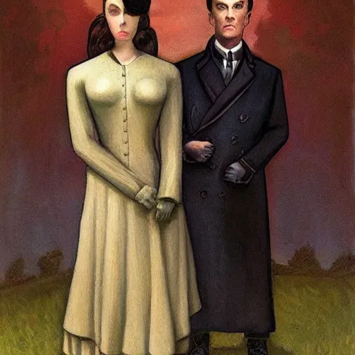 Image similar to American Gothics by Grant Wood but with Sherlock Holmes and Watson instead of the usual characters