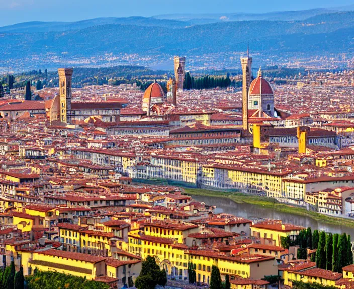 Image similar to 4 k hd, high detail panoramic photograph of florence, shot with sigma f / 4. 2, 2 5 0 mm sharp lens, wide shot, consistent, volumetric lighting, high level texture render