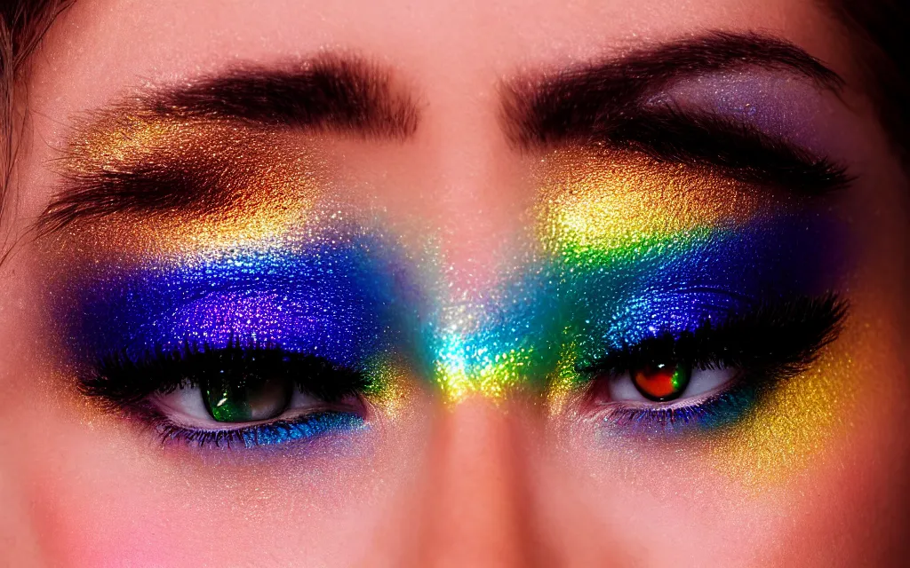 Image similar to closeup goldenhour photo of a pair of beautiful blue eyes of a woman with rainbow eyeshadow and ornate gold eyelashes, with rainbow light caustics