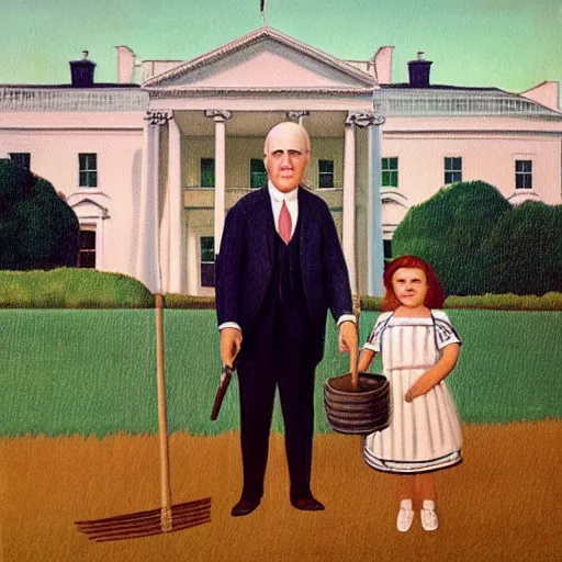 Prompt: an oil painting of a farmer standing beside his daughter in front of a white house. The woman wears a colonial print apron. The man wears overalls covered by a dark suit jacket and he carries a pitchfork. By Grant Wood, 1930.