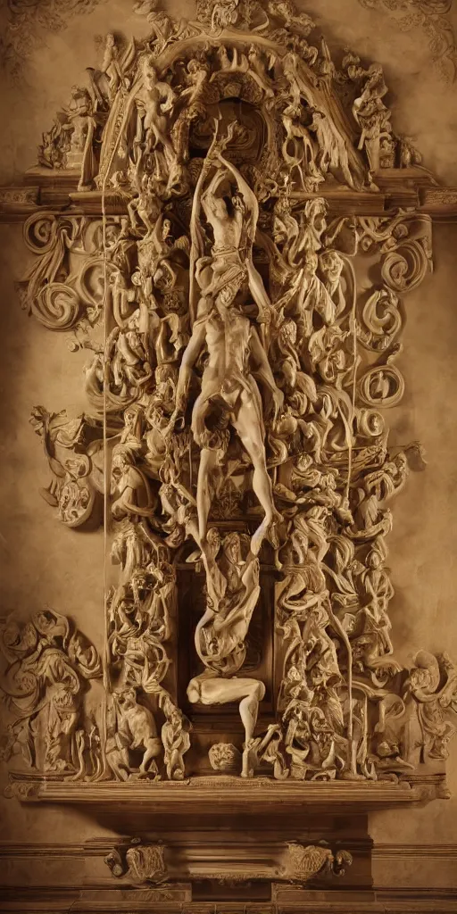 Image similar to an epic treble clef and sheet music baroque statue devoted to the gods of music, gi, global illumination, physically based rendering, photoreal, small details, intricate