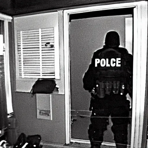 Image similar to security camera footage of swat team entering house, police breaking down door, cctv outside footage, armed police ambush, grainy film