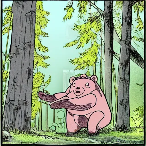 Image similar to a Finnish cartoon, about a bear who lives in the woods, anime style, Finnish cartoon