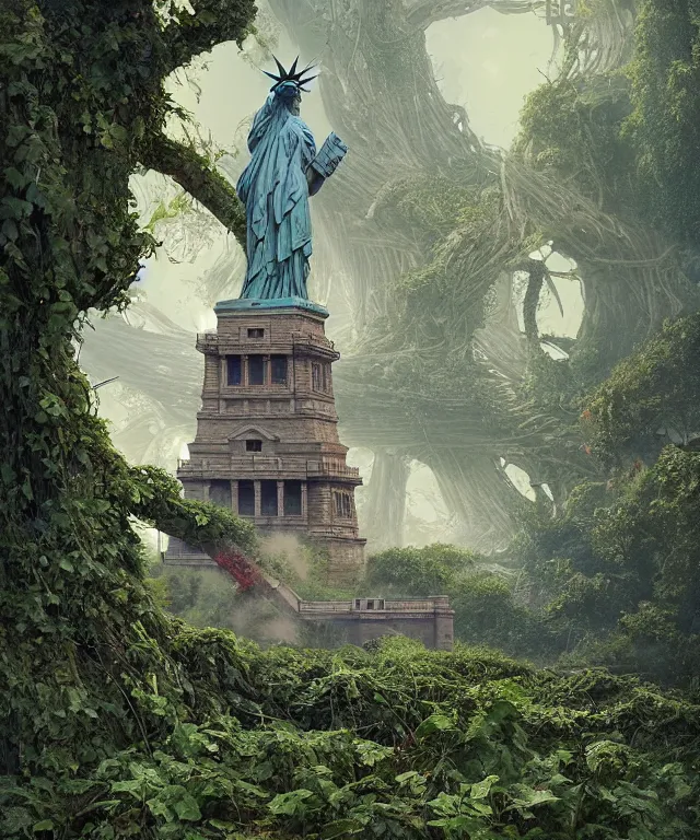 Image similar to highly detailed digital matte painting of an overgrown, abandoned, damaged Lady of Liberty, taken back by nature, vines, nature. Full shot. By Raphael LaCoste and Ruan Jia and Robert McCall, postcyberpunk, geodesic dome, hyperdetailed, sunrise, wide shot, autochrome, octane render