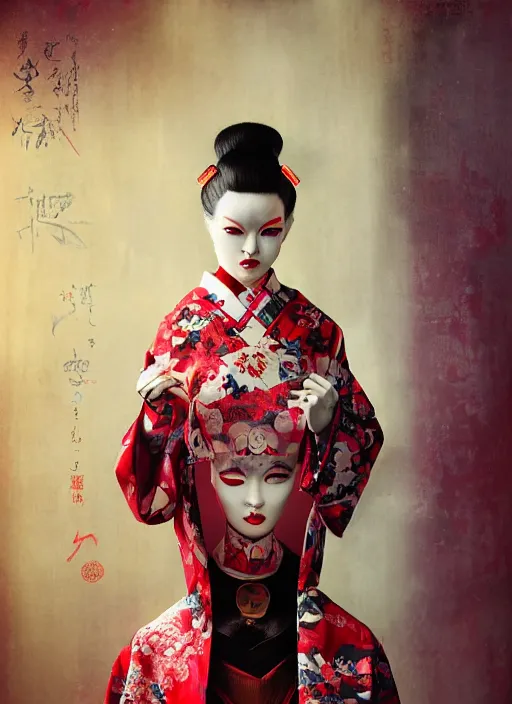 Prompt: portrait of a stylish futuristic geisha cyborg, with a red kimono with japanese golden signs written on it, kintsugi, modern fine art, fractal, intricate, elegant, highly detailed, digital photography, subsurface scattering, in the style of ghost, by jheronimus bosch and greg rutkowski,