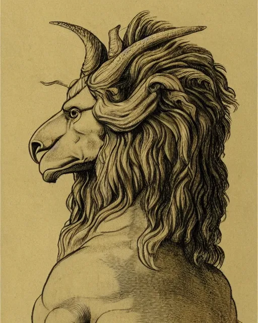 Prompt: a creature with the body and eyes of a man, with the beak of an eagle, the mane of a lion, and the horns of an ox. drawn by da vinci