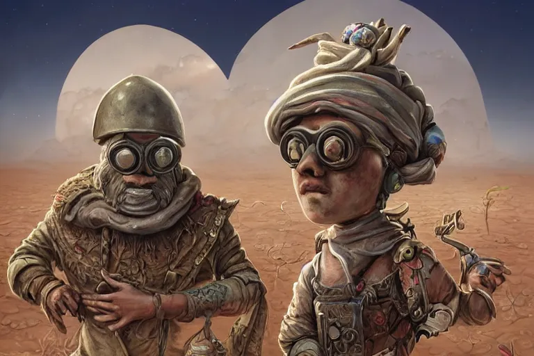 Image similar to a highly detailed forgotten garden gnome wearing goggles and head scarf surviving in a vast barren desert, hopeless wasteland background with a relentless raging sun overhead, post - apocalyptic road warrior vibe, full body, wide angle, an ultrafine detailed painting by joe fenton, trending on deviantart, pop surrealism, whimsical, lowbrow, perfect symmetrical face, sharp focus, octane, masterpiece