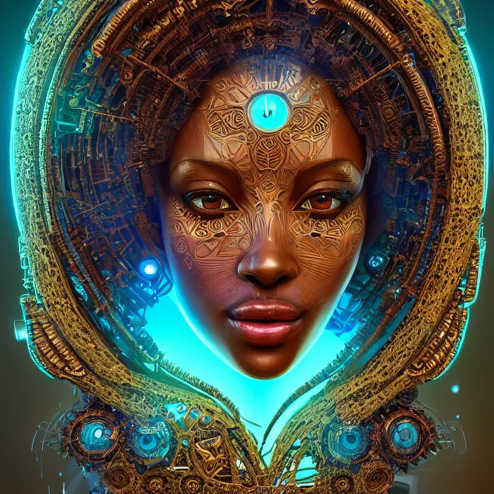 Prompt: beautiful symmetrical happy face portrait android african woman time machine axonometric mechanical fantasy intricate elegant highly detailed volumetric void of latent space, lush flowers, intricate jewellery, realm of the gods golden turquoise steampunk, axonometric high contrast cinematic light, digital painting, sharp focus, octane render, photographic, concept art, artist leonardo davinci, unreal engine 8 k
