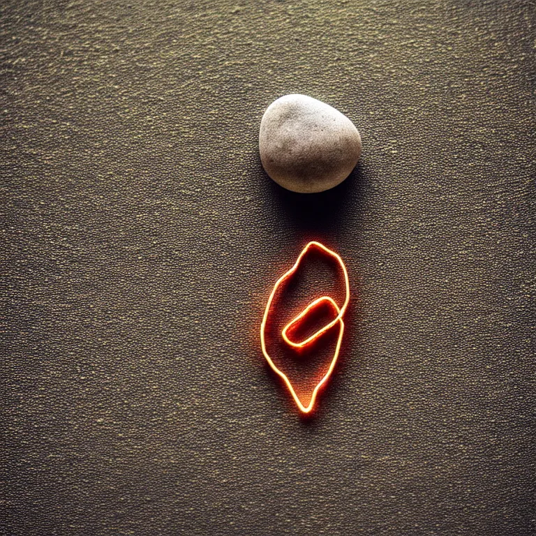 Image similar to photo of a pebble with a luminous rune drawn on it. pebble wrapped with copper wire. extremely high details, masterpiece, cinematic, octane rendering, depth of field, bokeh, cgsociety