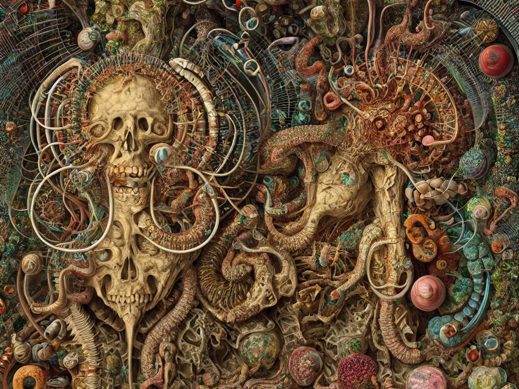 Image similar to humans eating youself in ancient city art by ernst haeckel, fractal, hypermaximalism unreal render engine 8 k