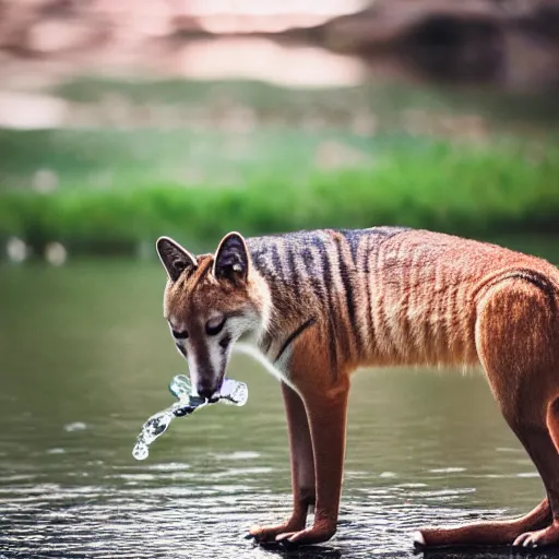 Image similar to close up photo of a rare thylacine, drinking water from a lake in tasmania, bokeh, 1 0 0 mm lens, 4 k award winning nature photography