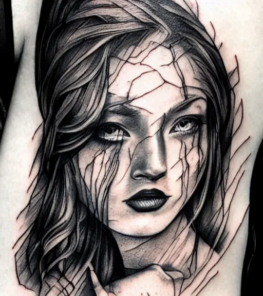 Image similar to amazing blend effect of a beautiful woman face next to amazing mountain scenery, tattoo design sketch, hyper - realistic, in the style of matteo pasqualin, amazing detail, black and white