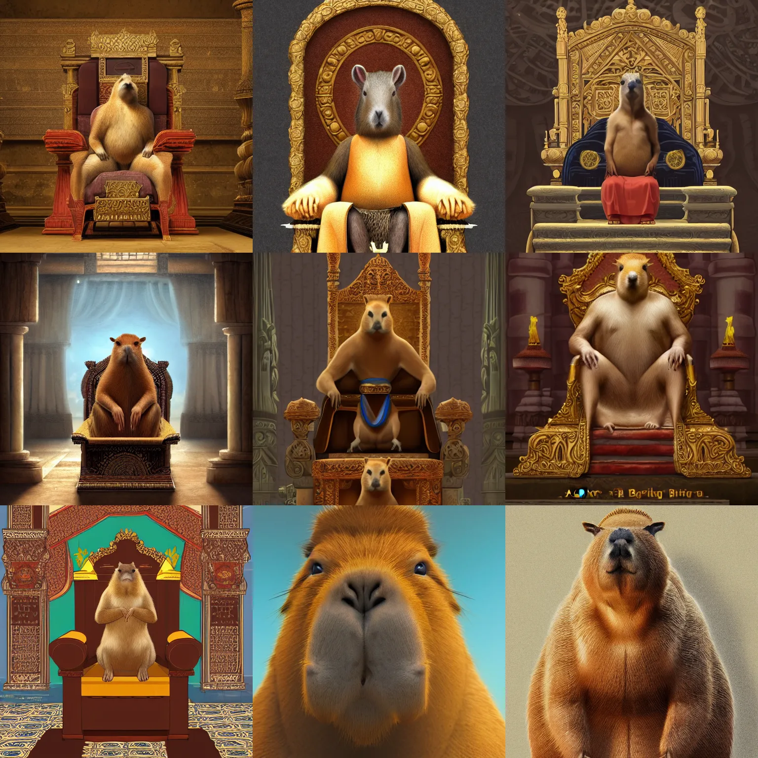 Prompt: A capybara king is sitting on a throne, the others are kneeling before him, inside of his throne room, photorealistic 4K, in the style of Hachmyta, detailed, epic, trending on artstation