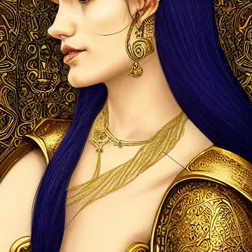 Prompt: side portrait of elven royalty, princess, queen, fantasy, head tilted down, black hair, gold armour, gold jewelry, white skin, detailed face, trending on artstation, gsociety, D&D, elegant, highly detailed, hyperrealistic, realistic eyes, detailed illustration, smooth, sharp focus, upper body, intricate, rule of thirds, holy glow, backlit, hd 4k by Greg Rutkowski, Alphonse Mucha, Ayami Kojima, Charlie Bowater, Kentaro Miura, Karol Bak