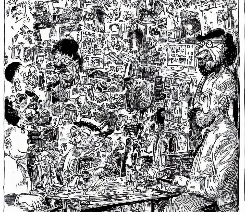 Prompt: r crumb cartoon of bert and ernie as caricaturized humans discovering the truth