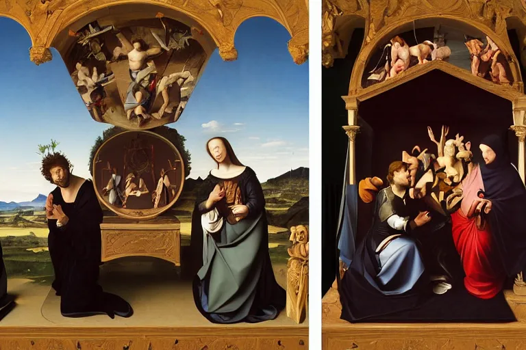 Prompt: a three panels altarpiece with pop culture memes by Beeple and Caravaggio, renaissance style, oil painting,