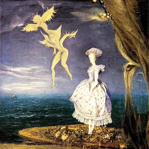 Image similar to Marie Antoinette levitating over the waters. By El Greco, Remedios Varo, Salvador Dali, Carl Gustav Carus, John Atkinson Grimshaw.