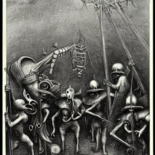 Prompt: plague doctors in the mist with weird rube goldberg machines, minimalist, joel peter witkin, heironymus bosch, gustave dore, beksinski, giger'