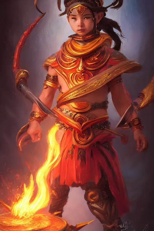 Image similar to a masterpiece portrait of nezha, legendary god holding spear, boy, flame everywhere, epic pose, fantasy character portrait, closeup shot, hyper detailed, digital painting, 8 k realistic, trending on artstation, sharp focus, dof, by fenghua zhong, artgerm, ne zha from smite, jeff easley, raymond swanland