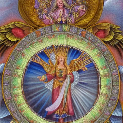 Image similar to photo of an intricately detailed representation of a accurate divine heavenly throne on a road of brilliant gemstone surround by epic angels. Colored graphite blended with colored oils miniature on vellum.