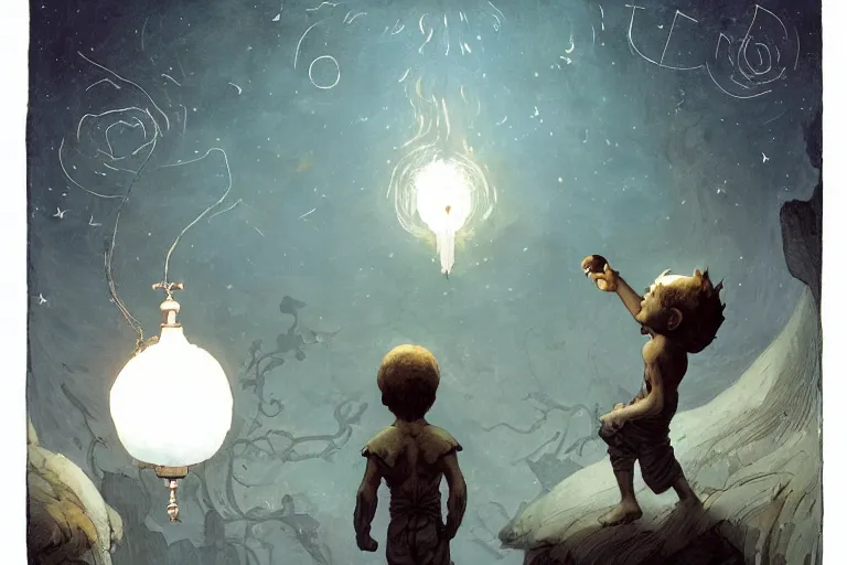 Image similar to a boy holding a lantern and looking at the stars through a dimensional window, by greg rutkowski and frank frazetta and peter mohrbacher and william blake and dan mumford