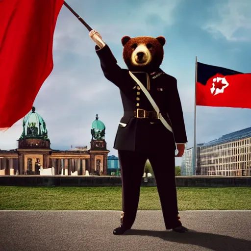 Image similar to a portrait of a socialist bear in a military uniform with a big hat, waving a red flag in Berlin, 4K realistic, hyper detailed, cinematic lighting, wow factor, award winning photo