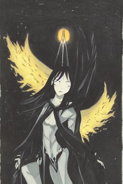 Image similar to angel of death smiling in the dark night, art by takeshi ohbata