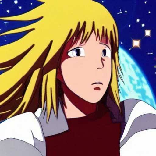 Image similar to Spirited away, guy with dark blonde hair and blue eyes in space, profile picture