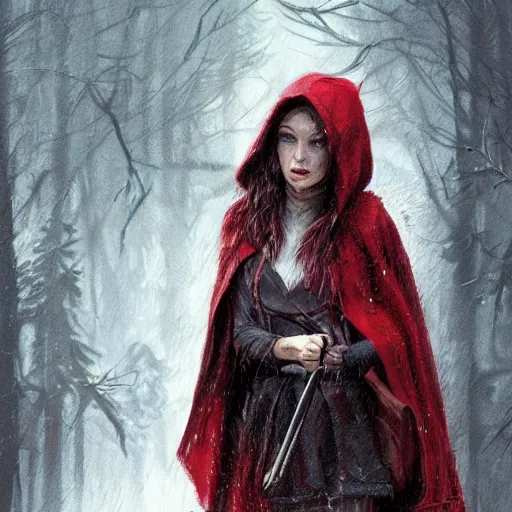 Image similar to elderly wolf hunter little red riding hood in the rain, detailed intricate ink illustration, dark atmosphere, detailed illustration, hd, 4k, digital art, overdetailed art, concept art, by greg rutkowski, by loish, complementing colors, Trending on artstation, deviantart