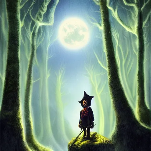 Image similar to portrait of the terrified Rincewind in the Forbidden Forrest, at night, full moon, blue tones, detailed, hyperrealistic, colorful, cinematic lighting, digital art by Paul Kidby