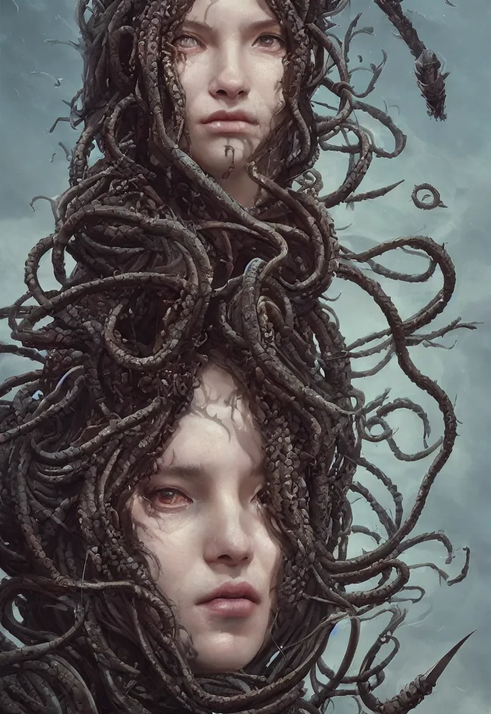 Image similar to A beuatiful portrait of medusa by Greg Rutkowski, Sung Choi, Mitchell Mohrhauser, Maciej Kuciara, Johnson Ting, Maxim Verehin, Peter Konig, close up, Bloodborne , 8k photorealistic, cinematic lighting, HD, high details, dramatic, atmospheric , trending on artstation