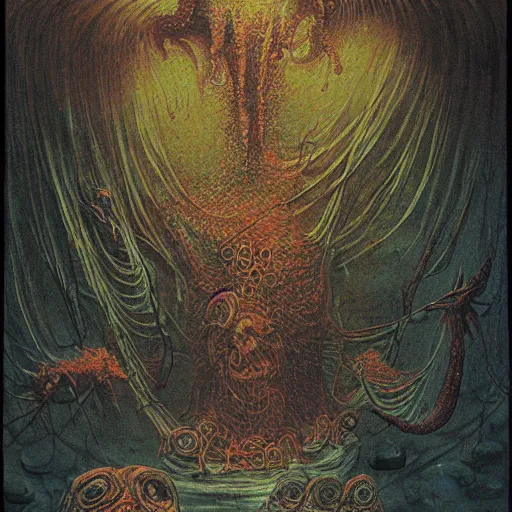 Prompt: Fish men worship a statue of Cthulu in a dark cave. D&D. Beksinski, Peter Mullen.