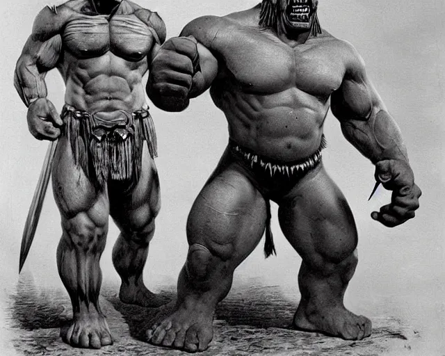 Prompt: hyper realistic group vintage photograph of a warrior orc tribe, tall, muscular, hulk like physique, sharp fangs and tusks, big arms, big hands, big feet, armored, tribal paint, highly detailed