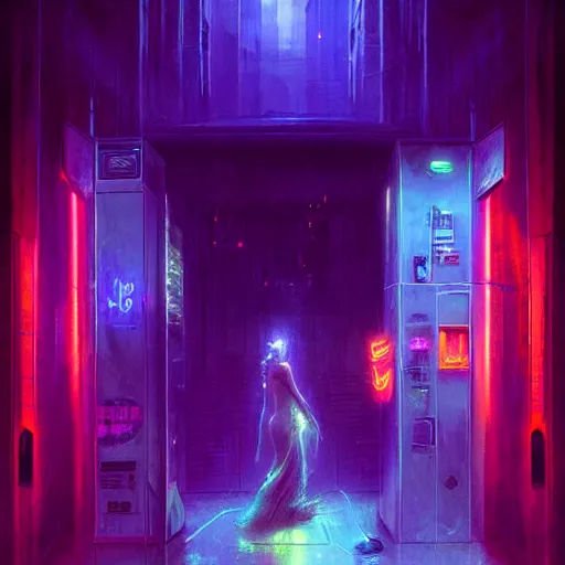 Prompt: a vending machine dimly neon lighting a dark alley, by greg rutkowski and gaston bussiere, dim purple and blue neon lighting, beautiful volumetric - lighting - style atmosphere, futuristic atmosphere, intricate, detailed, photorealistic imagery