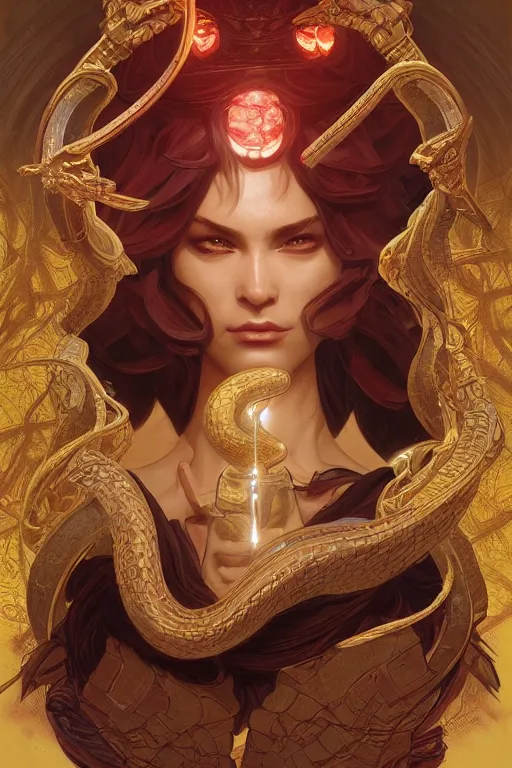 Prompt: snake king, treasure room, highly detailed, digital painting, artstation, concept art, smooth, sharp focus, illustration, art by artgerm and greg rutkowski and alphonse mucha and andrei riabovitchev