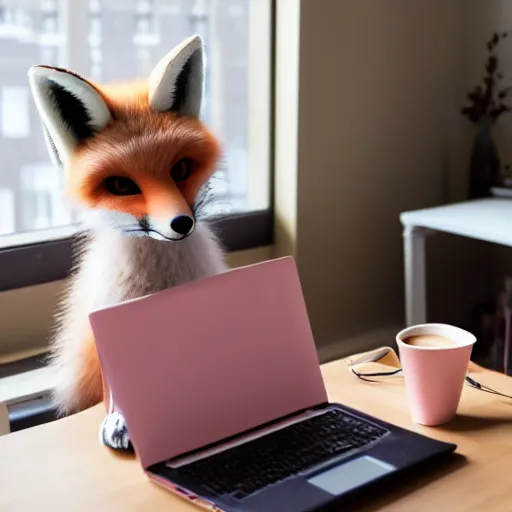 Prompt: A light pink anthropomorphic fox sits at a desk typing on a laptop with a cup of coffee