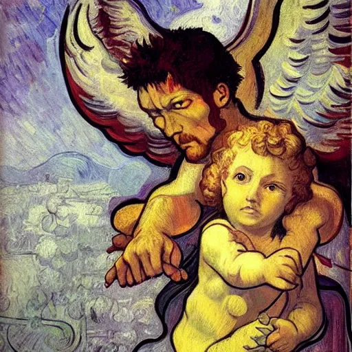 Image similar to guardian angel protecting child by michelangelo and Van Gogh, very detailed, deviantart, artstation