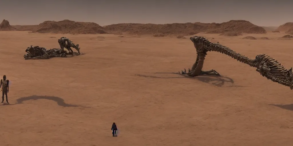 Image similar to screenshot from a movie, epic matte painting of a giant reptile skeleton in a sandy desert with scientists in the foregroud for scale, cinematic cinematography masterpiece, greg rutkowski, and ivan aivazovski, roger deakins