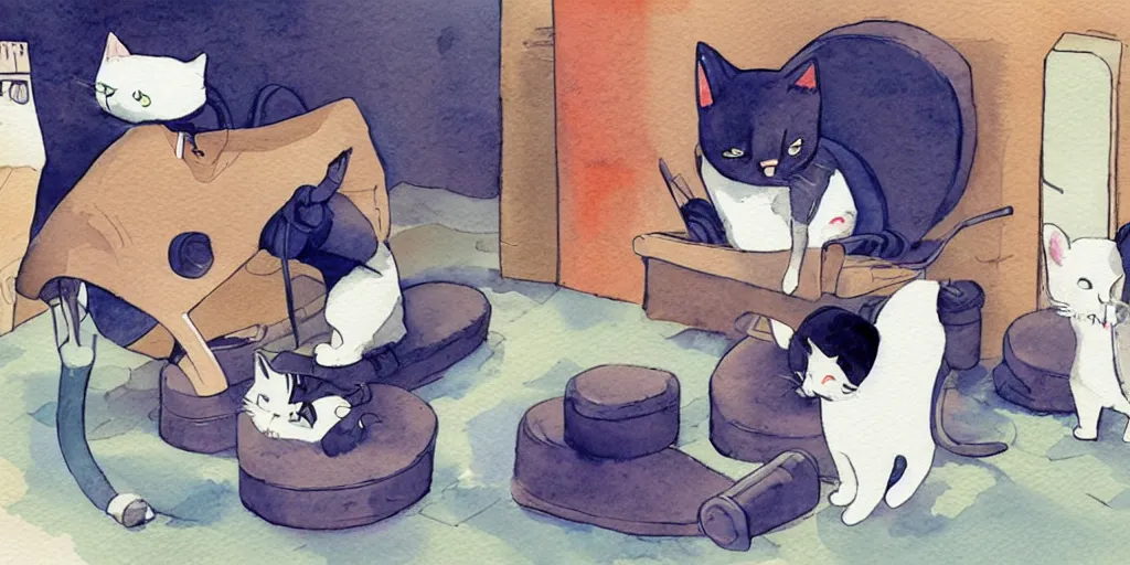 Image similar to watercolor illustration style, cute! cats training in gym