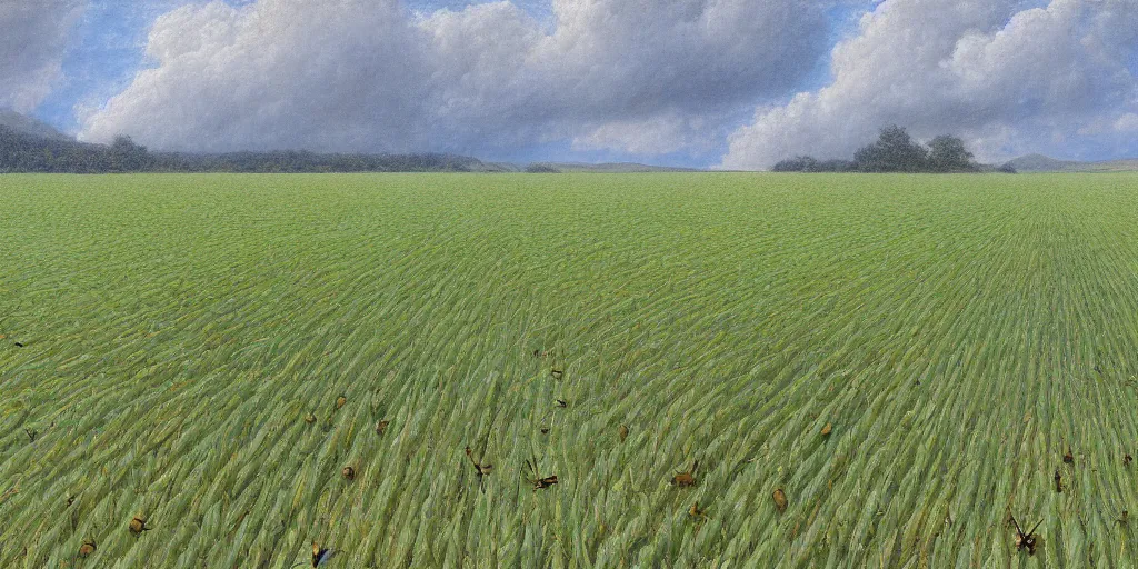 Image similar to Artwork by John Howe of the cinematic view of an insect-covered field of crops