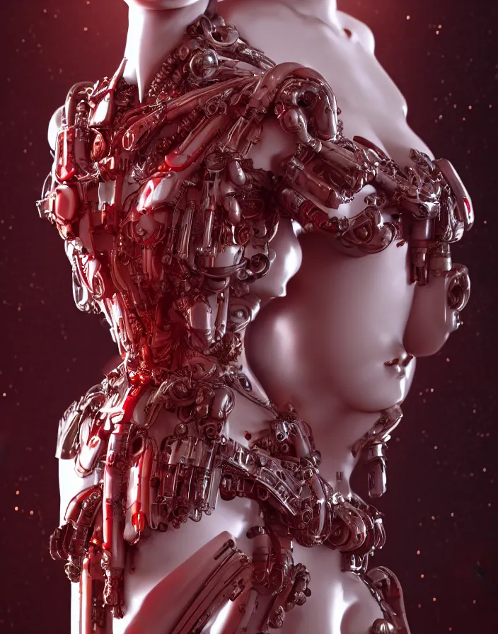 Prompt: portrait, antique marble statue venus, super hero pose, red white biomechanical dress, inflateble shapes, wearing epic bionic cyborg implants, masterpiece, intricate, biopunk futuristic wardrobe, highly detailed, art by akira, mike mignola, artstation, concept art, background galaxy, cyberpunk, octane render