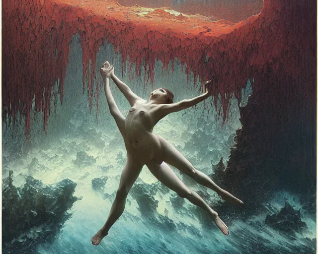 Prompt: falling in to eternity, underwater scene, painted by zdzislaw beksinski and artgerm and greg rutkowski and alphonse mucha and rene laloux