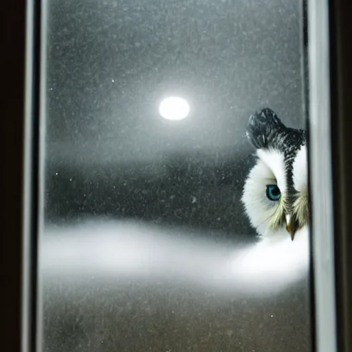 Image similar to a photo of the Duolingo owl peering into a window of a house on a dark and stormy night