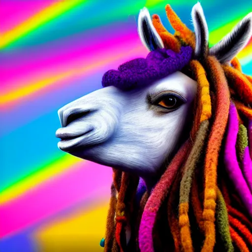 Prompt: llama with dreadlocks, vibrant colors, by Paul Lehr, unreal engine, octane render, cinematic light, high details, iridescent colors, dichroic, macro