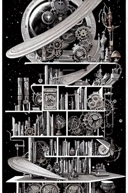 Image similar to a majestic steampunk alchemists bookshelf, two point perspective, furniture, high details, bold line art, by vincent di fate and joe fenton, inking, etching, screen print, masterpiece, trending on artstation, sharp, high contrast, hyper - detailed,, hd, 4 k, 8 k