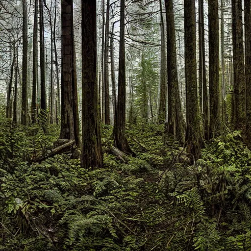 Prompt: liminal photograph of a pacific northwest forest inside a huge abandoned mall, wide angle photography