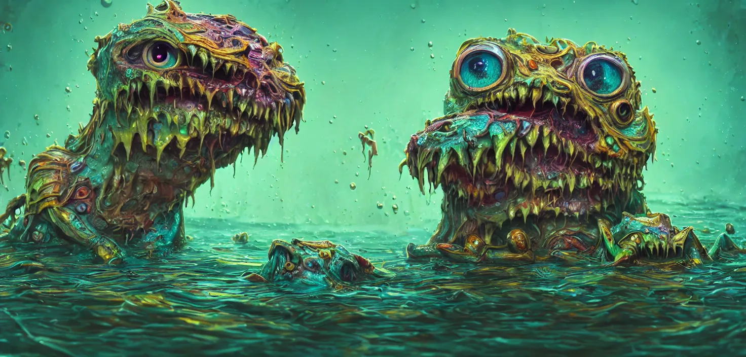Prompt: intricate colourful murky with strange cute friendly angry crazy creatures with huge beauty! eyes long tongue triangle teeth and scary face appearing from the water, in the style of craola, shallow depth of field, highly detailed, digital painting, trending artstation, concept art, illustration, cinematic lighting, vibrant colors, photorealism, epic, octane render