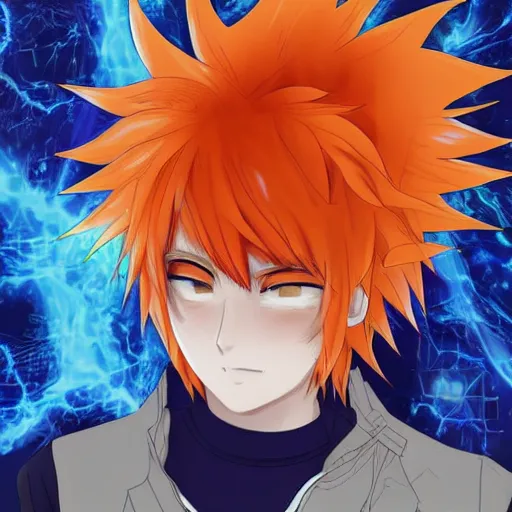 Prompt: orange - haired anime boy, 1 7 - year - old anime boy with wild spiky hair, wearing blue jacket, holding magical technological card, futuristic effects, fractal card, magic card, in front of ramen shop, strong lighting, strong shadows, vivid hues, raytracing, sharp details, subsurface scattering, intricate details, hd anime, 2 0 1 9 anime